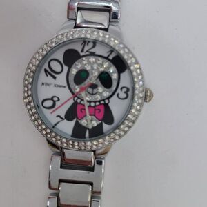 Betsey Johnson Silver Tone Panda Watch with Clear Crystal Bezel